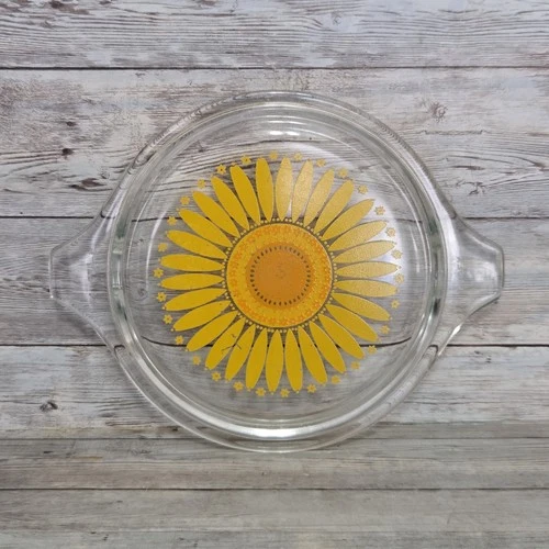 Vintage PYREX Casserole Dish Lid Only Daisy Sunflower 470-C Clear Glass Yellow