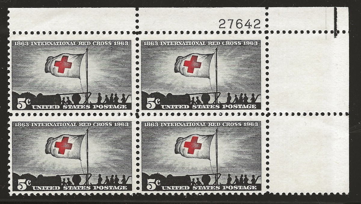 US Scott #1239, Plate Block #27642 1963 Red Cross 5c FVF MNH Upper