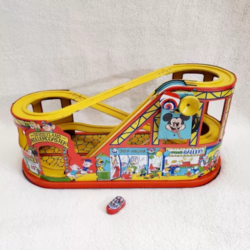 Vintage J. Chein & Co. Tin Litho Mickey Roller Coaster w/ Red Car - NOT WORKING