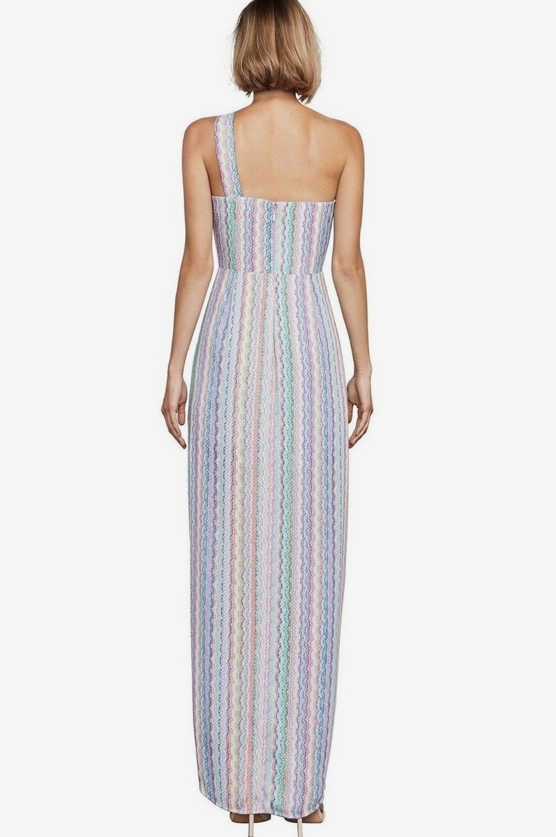 BCBGMAXAZRIA Sz6 Dries Striped One Shoulder Dress Almond Blossom