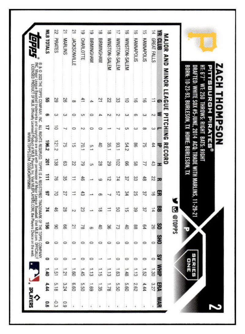 Zach Thompson 2023 Topps Gold Star Parallel #2 MLB Pirates ID