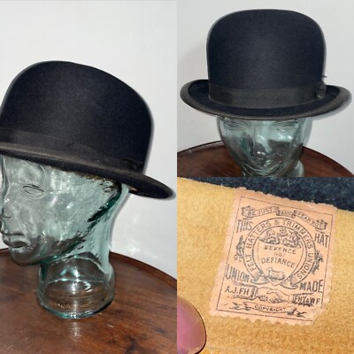 VINTAGE SCHWARZER FILZ BOWLER HUT LEDERBAND DUNN & CO HERVORRAGEND 57 cm UNION MADE
