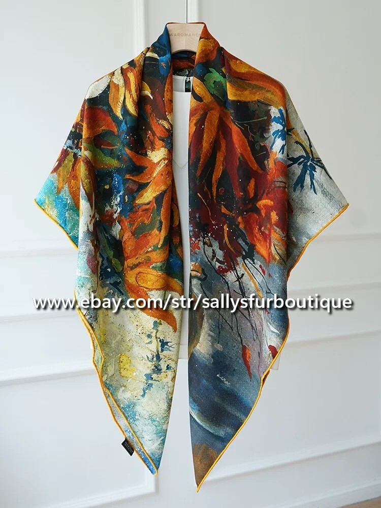 70% Cashmere 30% Silk Double-Sided Floral Shawl Wrap Scarf 53 Inches  