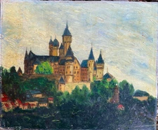Oil painting Castle Burganwesen on hill with village and woodland landscape