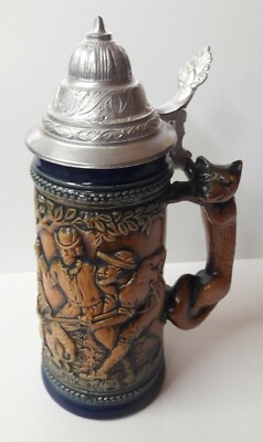 Bierkrug Keramik Fuchsgriff Original Gerzit Gerz mit Zinndeckel