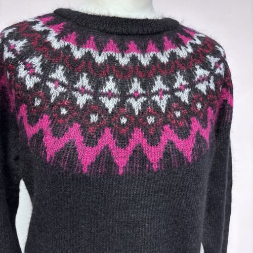 Maglione Brora Fair Isle taglia 10 nero viola maglia giogo misto lana mohair Scandi - Foto 3 di 10