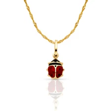 14K Yellow Gold Lady Bug Enamel Lucky Pendant & 0.9mm Singapore Chain Necklace