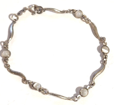 Sterling Silber 925 Armband weiße Katzenaugen Perlen Italienisch