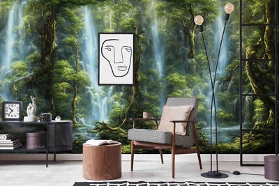 3D Green Forest Waterfall Self-adhesive Removable Wallpaper Murals Wall ...