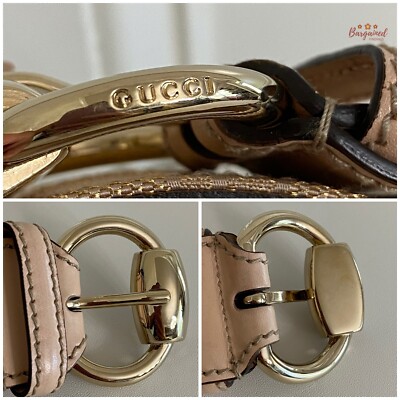 Authentic Gucci Pink Monogram Canvas Calfskin Gold Horsebit 