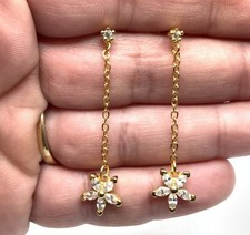 Sterling Silver Gold Plated S925 CZ Flower Chain Dangle Drop Stud Earrings