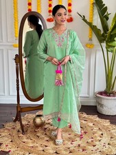 Pista Viscose Chanderi Embroidered Kurta with Pant  Organza Dupatta Set