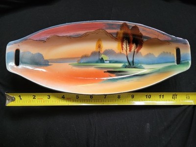 Oval Celery Dish Hand Painted Lusterware Trees House by Lake Scene Chikaramachi