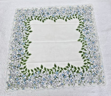 Vintage White Cotton Bluebell Floral Print Scalloped Border Handkerchief 13"