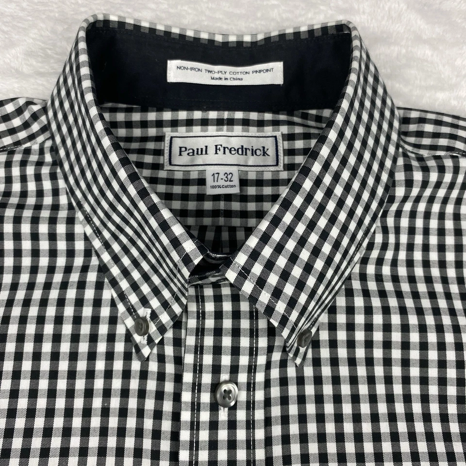 Camisa de vestir Paul Fredrick para hombre 17-32 negra a cuadros búfalo puños abatibles sin hierro Foto 3 de 4