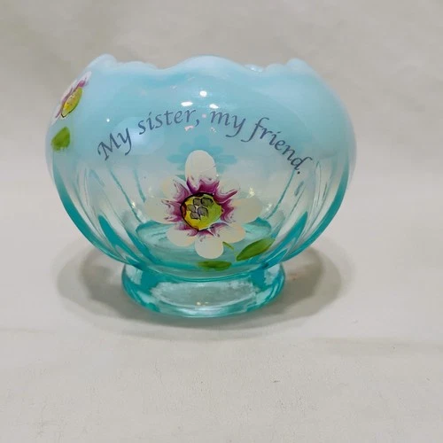 Vintage Fenton Blue Floral Stretch Glass  Rose Bowl My Sister My Friend 3.5 Inch
