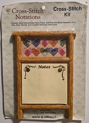 Cross Stitch Notations Kit Multi Colored Hearts Wooden Note Pad NOS 