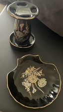 PORCELAIN  Black TOOTHBRUSH HOLDER & MATCHING SOAP DISH- MADE IN JAPAN