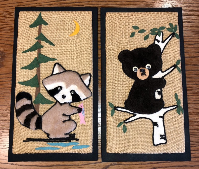 2 Vintage 1970s Burlap Felt Googley Eyes Bear On Tree And Raccoon Hanging Art