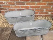 Pair Of Ribbed Trough Vintage Grey Zinc Galvanised Metal Garden Planter Flower L