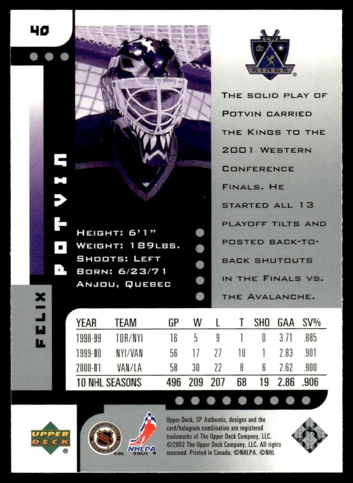2001-02 SP Authentic Felix Potvin Los Angeles Kings #40 - Image 2 of 2