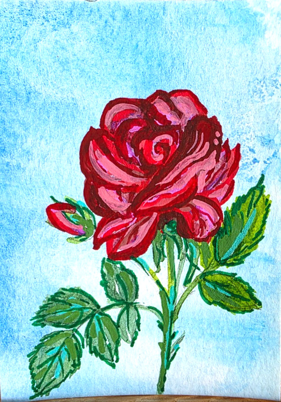 ACEO Original Watercolor Red Rose Flower Blue Sky Miniature  Art Signed 2.5x3.5