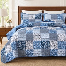 King Size Quilt, Boho Patchwork Floral Bedding Set, Blue
