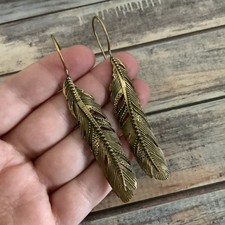 Antique gold boho style feather pierced hook earrings