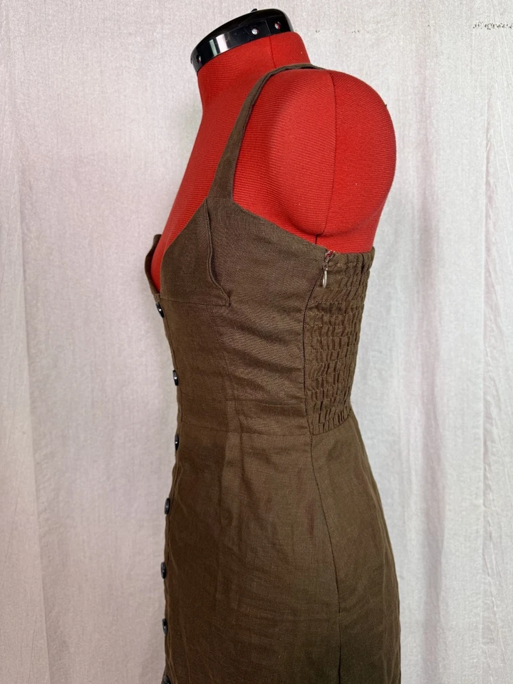 Maxi Vestido Faithfull the Brand La Piedra Talla 2 Lino Marrón Botones Correas E436 Foto 3 de 4