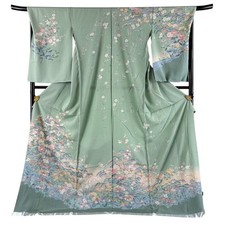 Japanese Silk Houmongi Kimono Untailored 182cm Light green Grass and flowers 773
