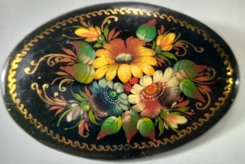 Broche ramo vintage ruso pintado a mano floral firmado ovalado 2 1/2"  - Imagen 1 de 8