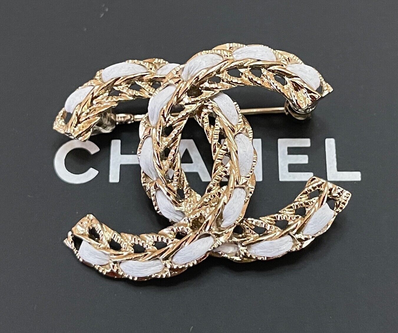 BNIB Authentic CHANEL Golden Metal White Leather Brooch Pin 22S