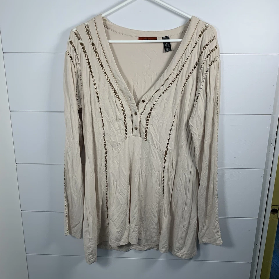 Top túnica BKE crema Henley ganchillo campesino boho talla XL cuello en V crema neutro Foto 2 de 4
