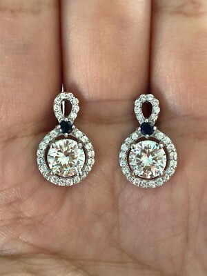 Marvelous Round Clear CZ & Created Blue Sapphire '8' Style 925 Silver Earrings