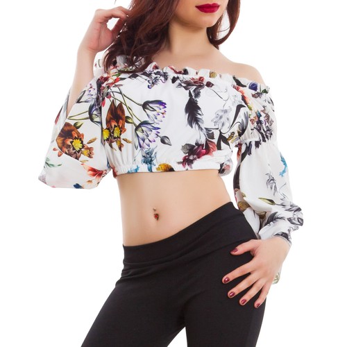 Blouse Woman Floral Satin Flowers Sleeves Rouched Elegant Top Sexy VB-1818 - Picture 21 of 23