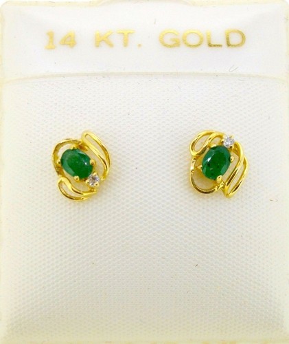 Earrings Green Oval Emerald and Diamond 14k yellow gold Pierced stud - 第 7/11 張圖片