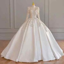 Satin Ball Wedding Dresses Beading Sequins V-Neck Long Sleeves Bridal Gowns