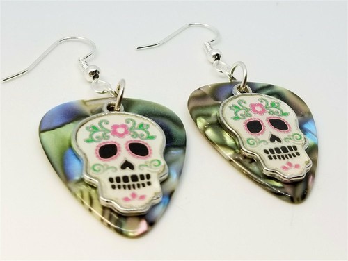 White Sugar Skull Charm Guitar Pick Earrings - Pick Your Color - Picture 6 of 7