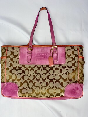 バッグ Coach Pink Signature Tote Bag Tassel Coach Pink Signature Tote Bag Tassel Coach Pink and Tan Signature