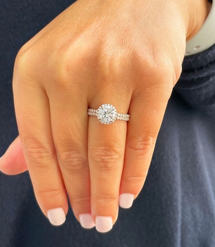 Anello di fidanzamento e fascia in oro rosa massiccio 14 kt con diamanti tondi certificato GIA 2,00 ct - Foto 4 di 13