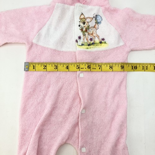 Vintage 1970s Girls Footed Pajamas Fawn Butterfly Pink Terri cloth Snap Up - Picture 5 of 6