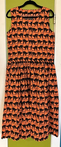 Vintage Halloween Orange & Black Cat Dress Grandma Core Drop Waist Cottage Core - Picture 2 of 19