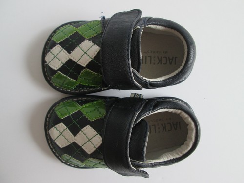 Jack and Lily Baby Shoes 12-18m. 4/5 Navy Blue Green Plaid Leather Hook & Loop - Picture 3 of 9