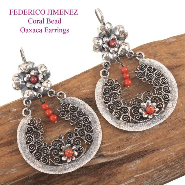 FEDERICO JIMENEZ Earrings "DANCING FRIDA" CORAL Sterling Silver Oaxaca Dangles FEDERICO JIMENEZ Earrings "DANCING FRIDA" CORAL Sterling Silver Oaxaca Dangles