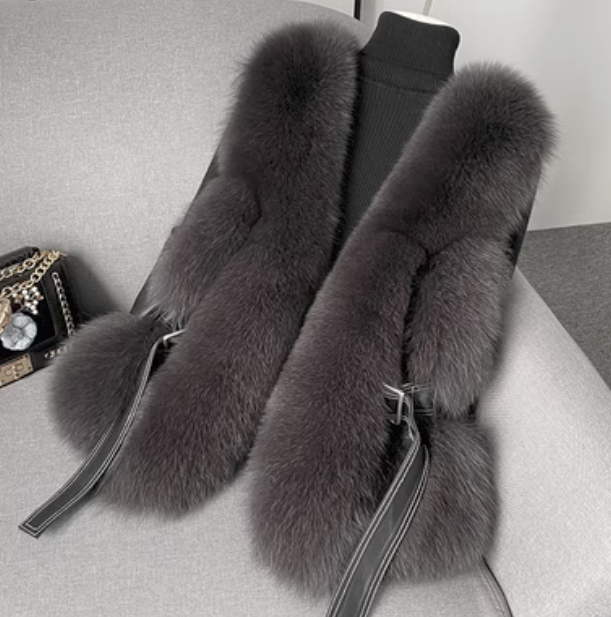 Women Real Fox Fur Vests Luxury Fluffy Gilet Leather Belt