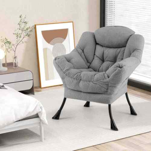 Large Lazy Chair Sherpa Upholstered Accent Chair w/ Cozy Head Pillow Home Office - Picture 7 of 24