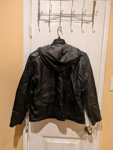 JLC New York Outerwear Black Genuine Leather Hooded Jacket Size Large - Picture 10 of 11