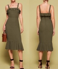 Reformation Frida Olive Green Square Neck Ruffle Midi Dress US 0