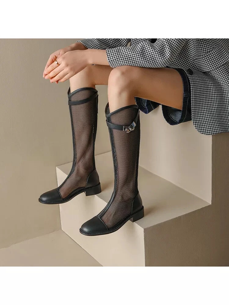 Botas Verano Mujer Tac n Bajo Red Perforado Negro Piel Sint tico 40606