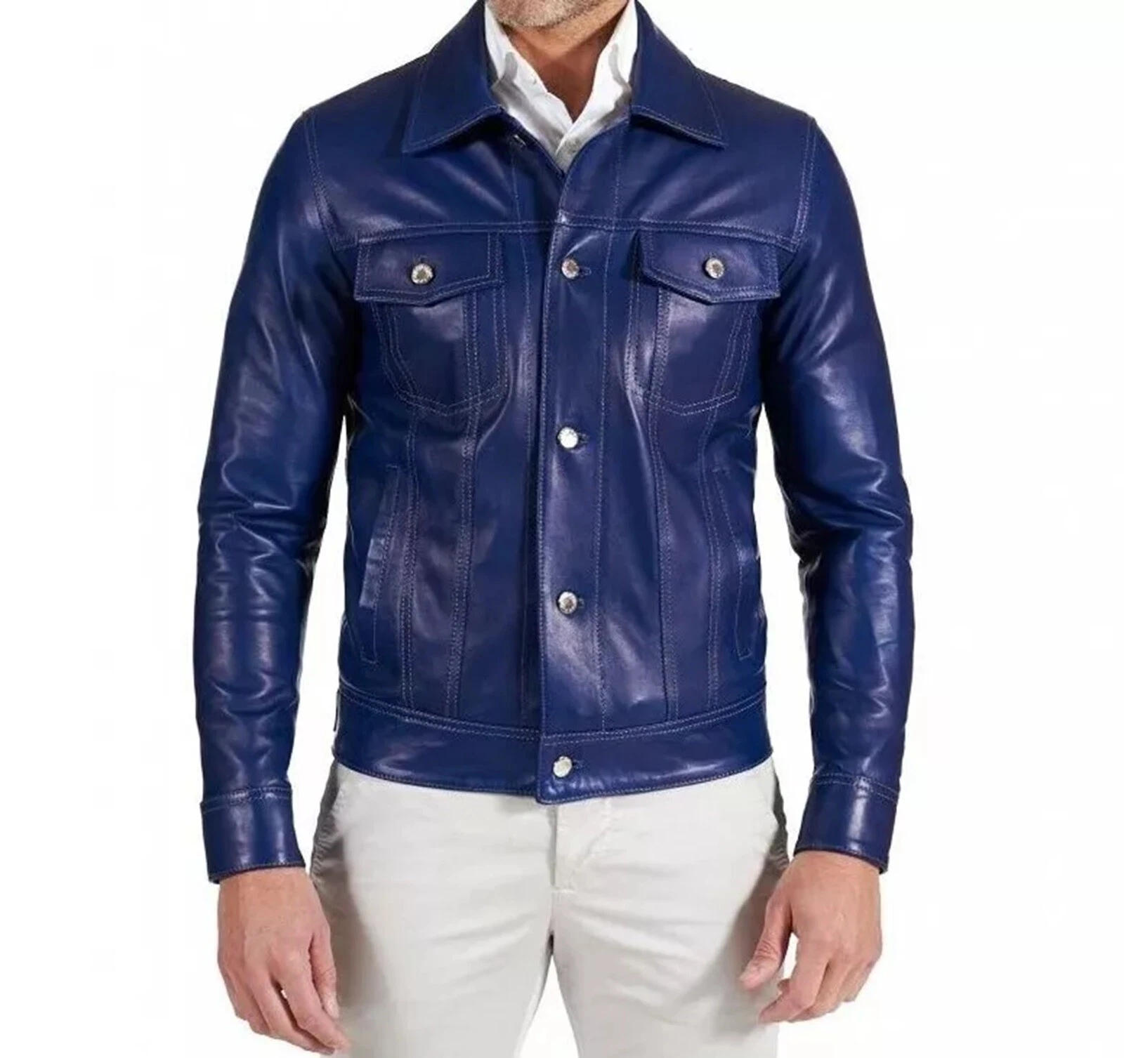 Men's Blue Denim Style Trucker Jacket Genuine Lambskin Leather Button Shirt Coat
